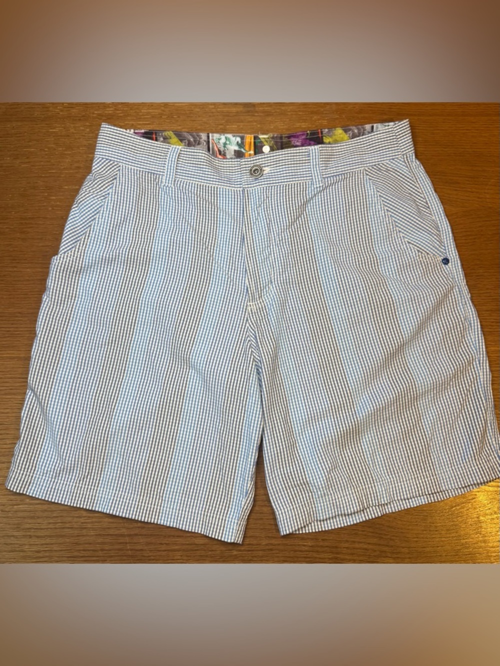 Lululemon Kahuna Seersucker Golf Shorts Mens 34 Blue Navy White Striped Chinos
